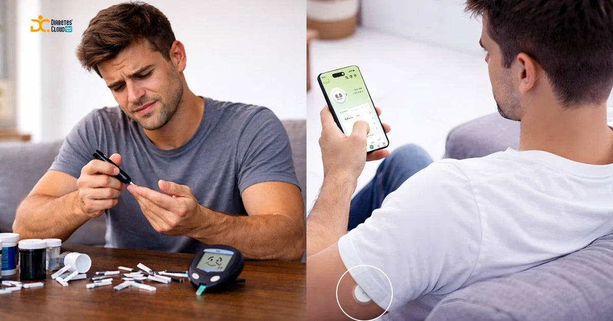 A frustrated man performs painful fingersticks while another calmly checks glucose using a smartphone  app of linx cgm sensor