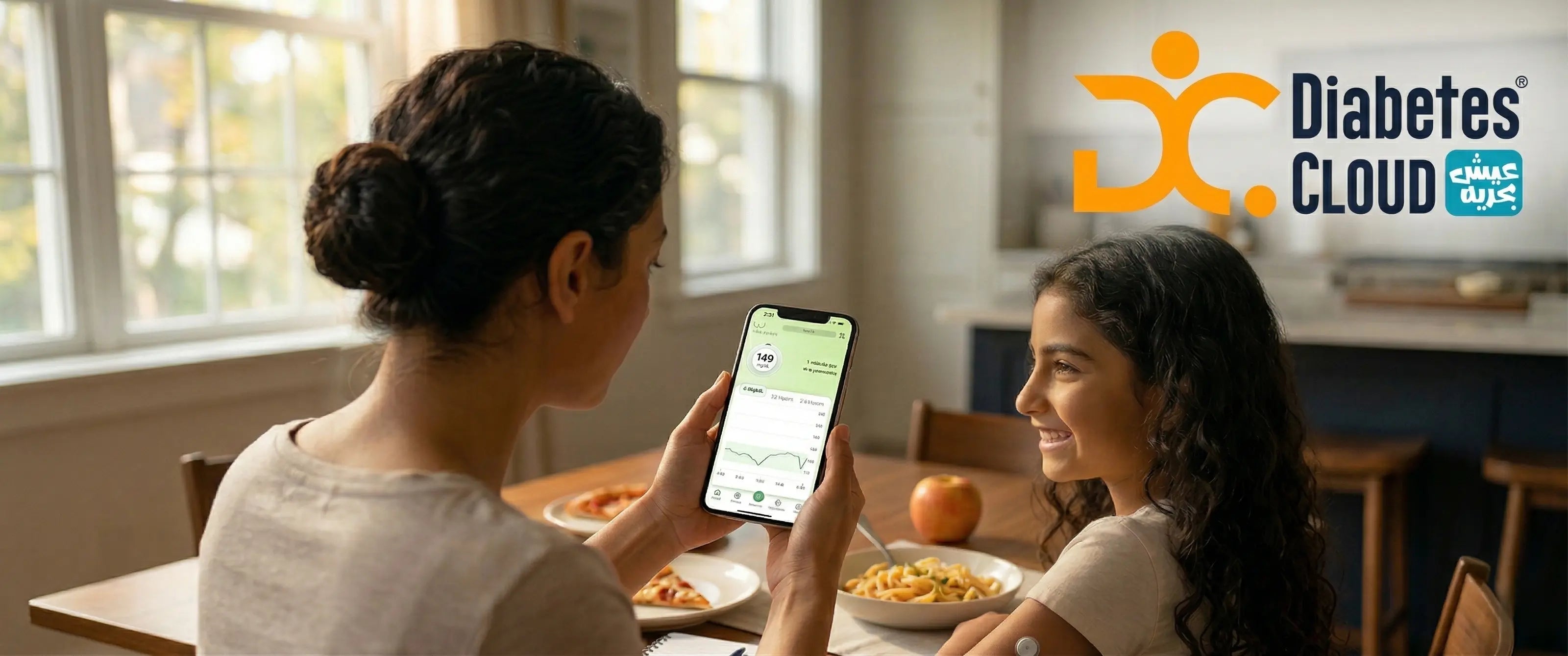 An Egyptian mother uses her smartphone to calculate carbs with a LinX CGM sensor for her daughter during mealtime.