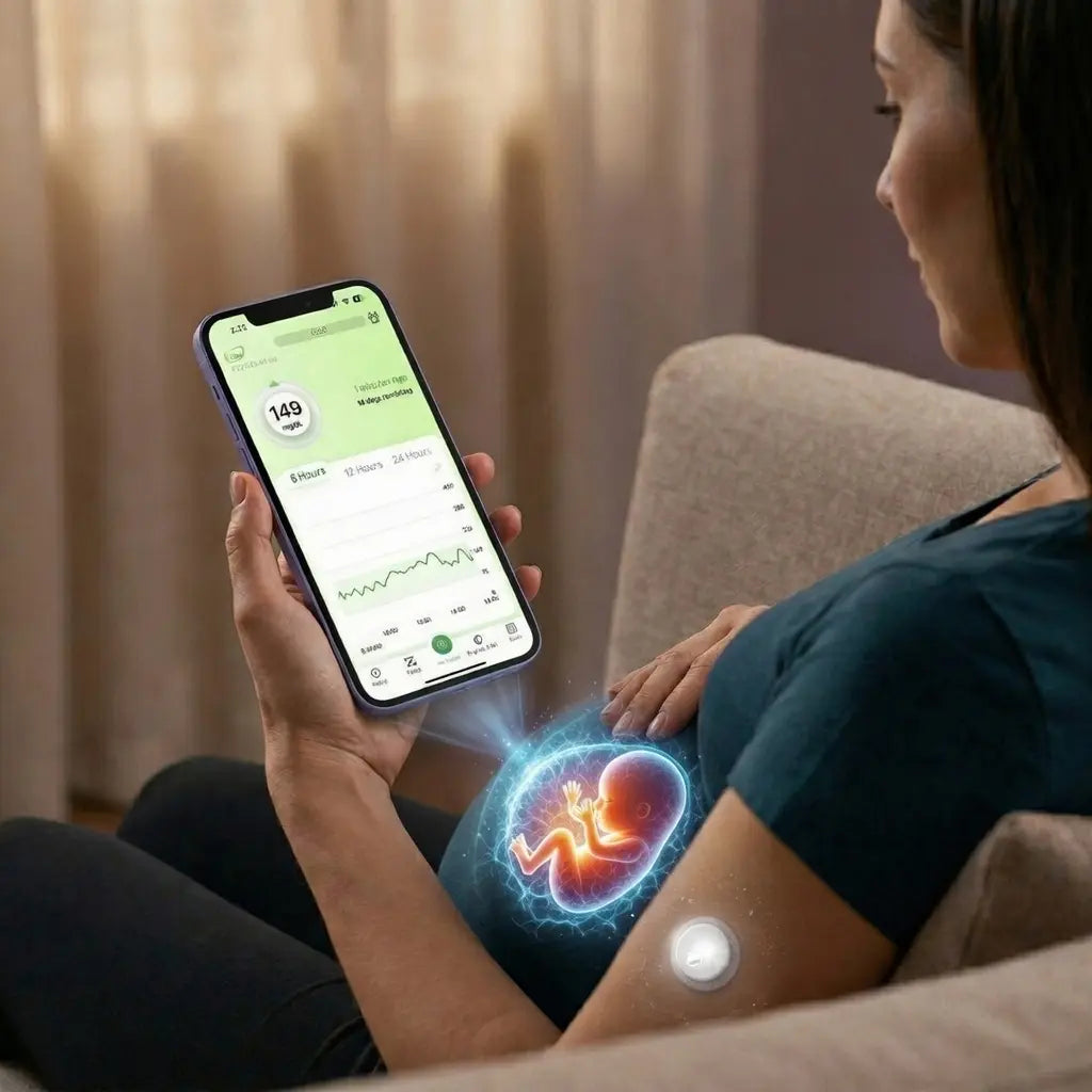 A pregnant woman holds a phone displaying health data and a linx sensor are on her