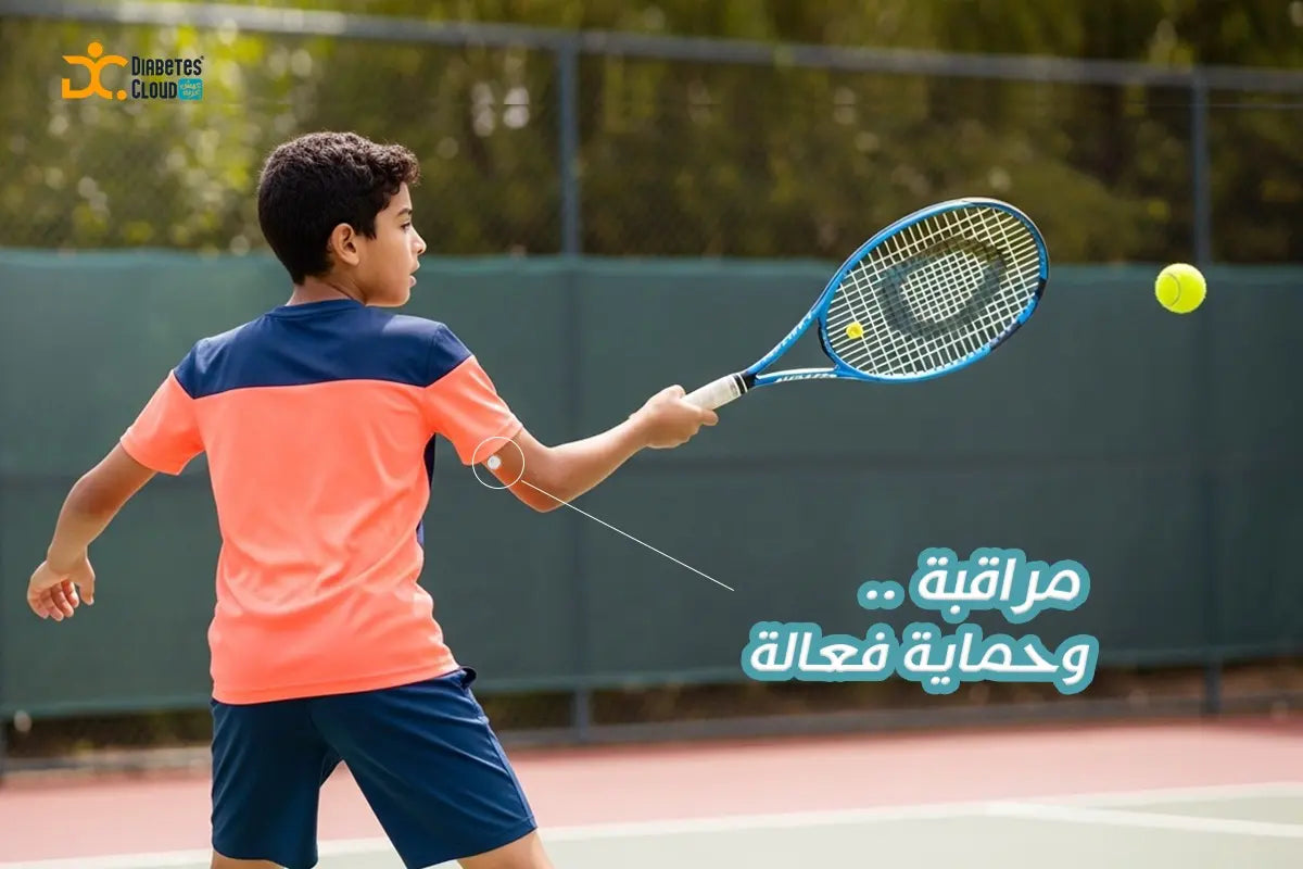 Young boy playing tennis wearing a CGM sensor for continuous glucose monitoring and active diabetes management.