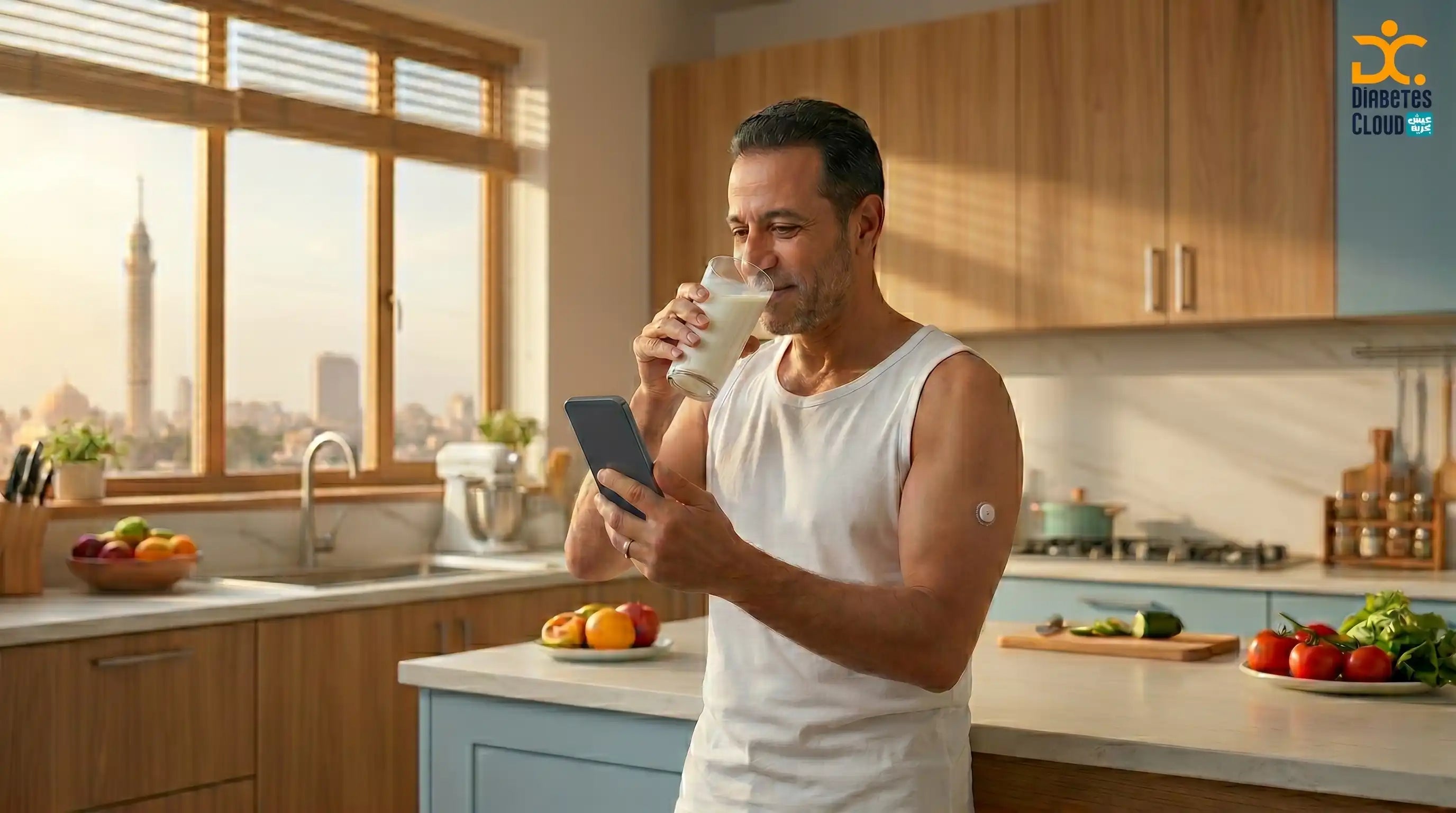 A man in Cairo checks his Linx CGM sensor, the best glucose sensor in Egypt, on his upper arm with a smartphone