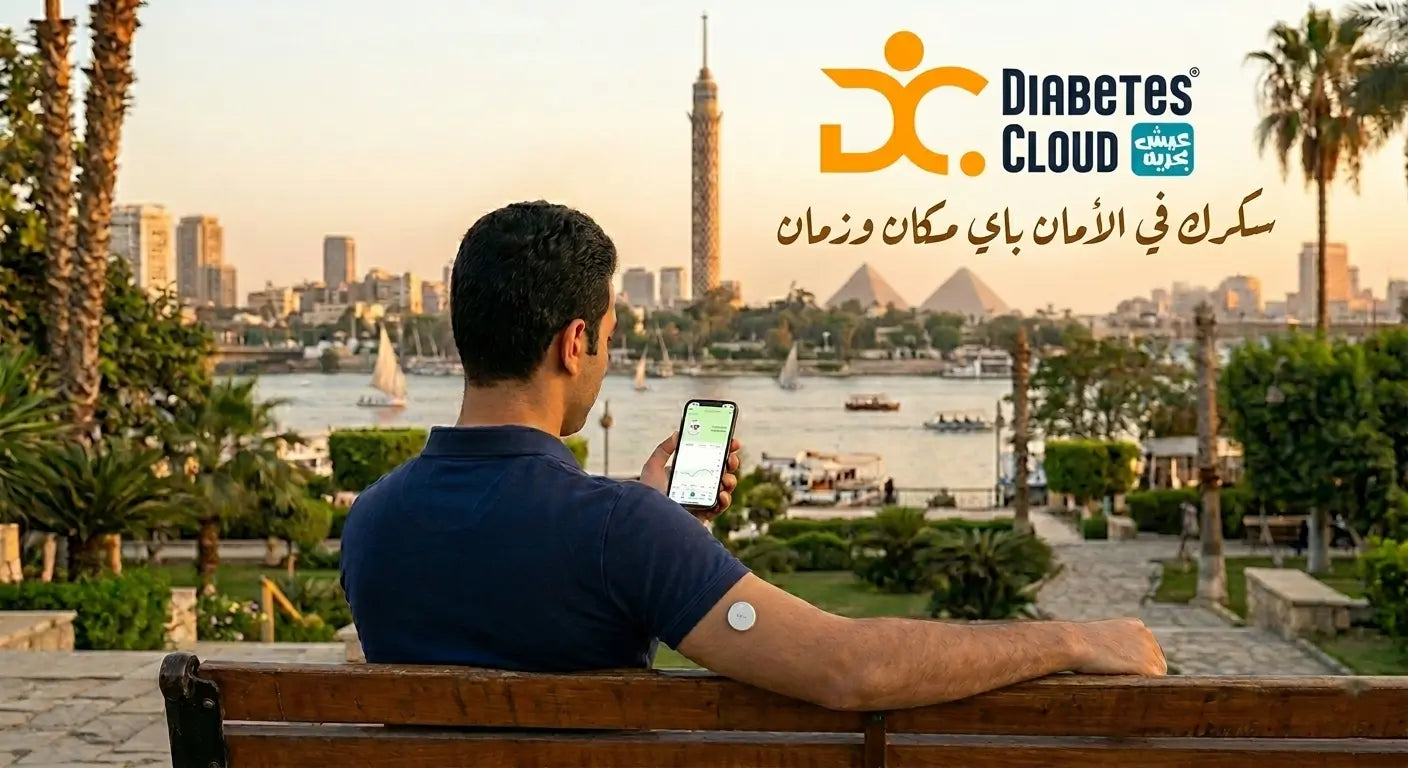 An Egyptian youth sits by the Nile, monitoring his glucose levels with a continuous glucose sensor  linx app on his phone.