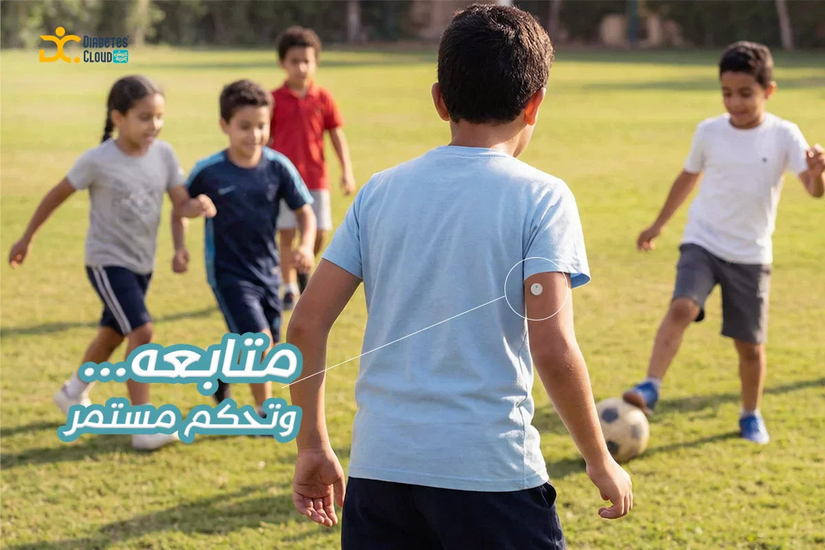 A boy plays soccer outdoors wearing an arm sensor, showing active freedom and continuous monitoring.