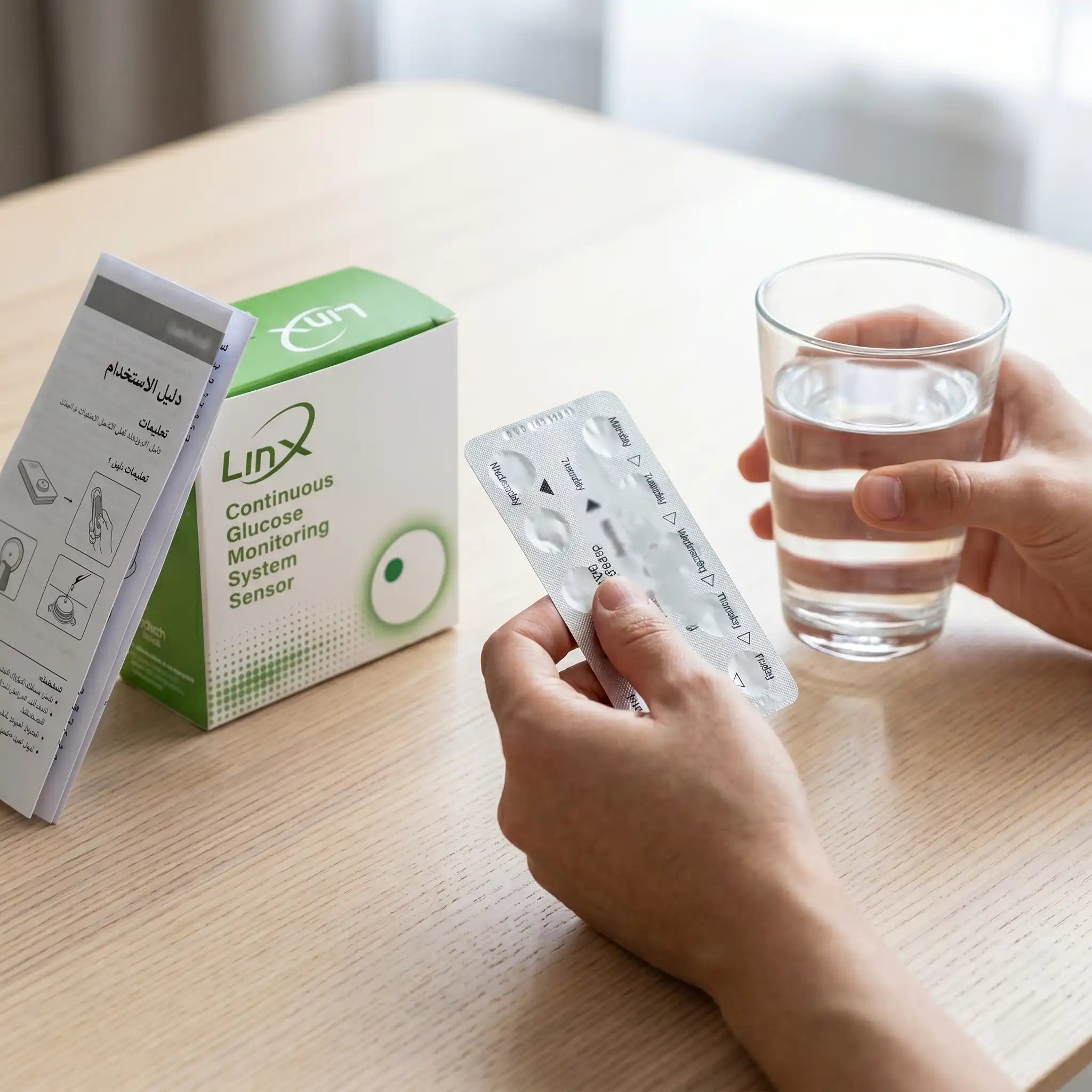 Hands hold medication and a glass of water nearby the Linx sensor  the best blood sugar monitor in Egypt