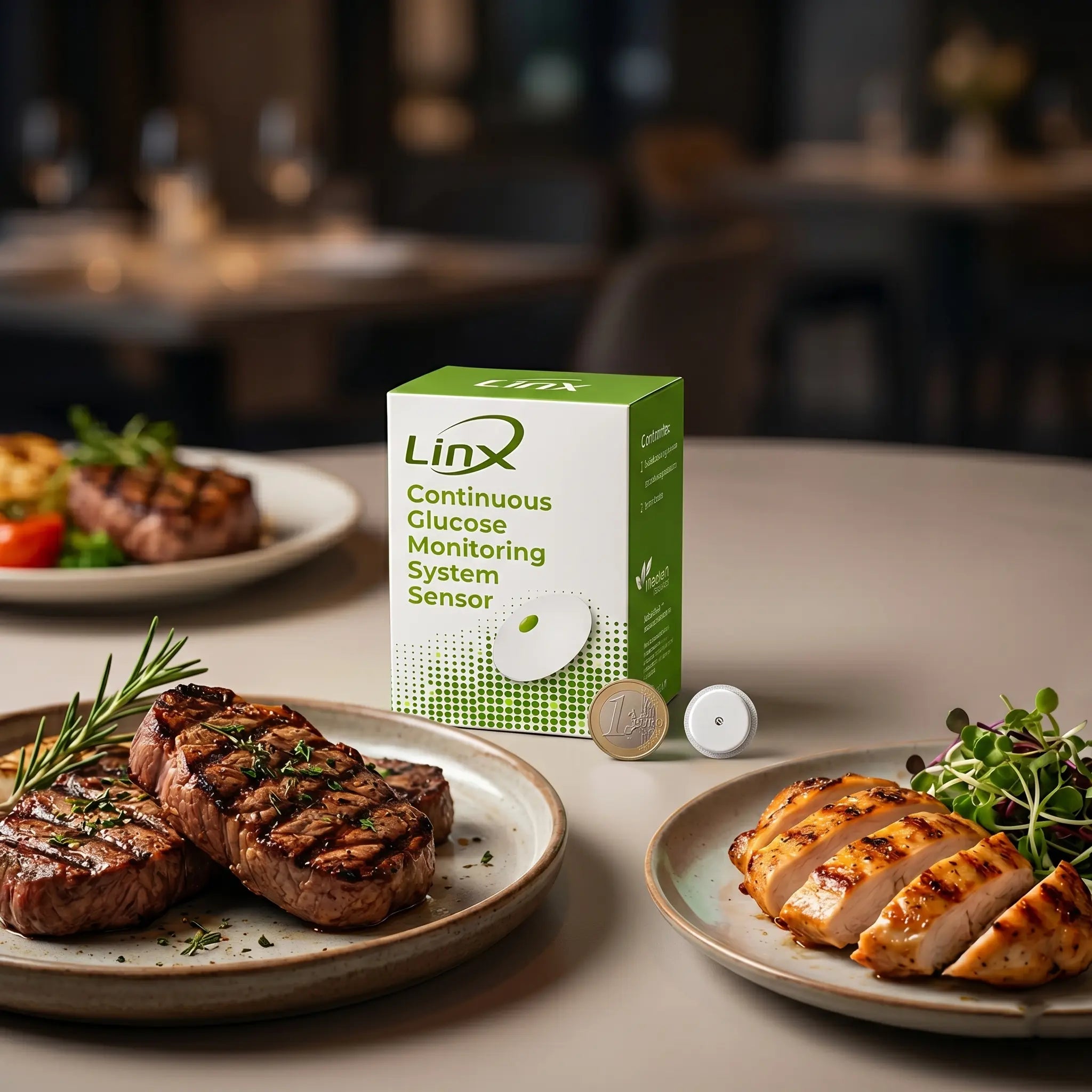 LinX glucose sensor and coin sit between grilled meat plates.