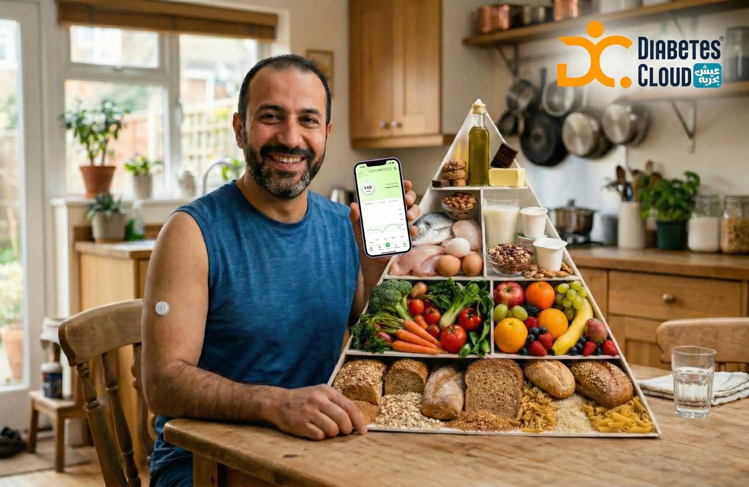 Man smiles holding phone,wearing linx cmg sensor pointing to food pyramid in kitchen