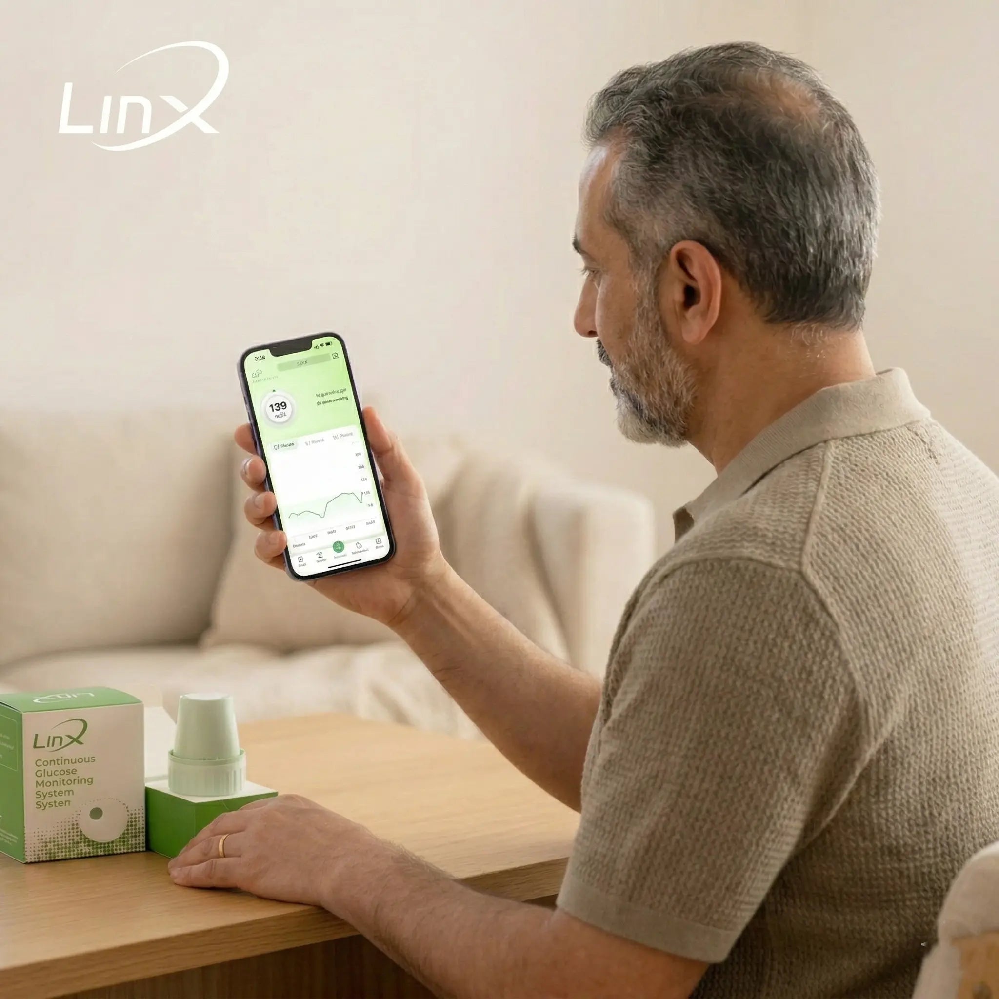 Man viewing glucose data chart on a LINX smartphone application.