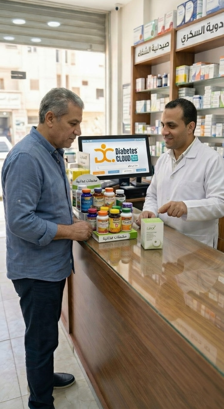Pharmacist talks to a customer about supplements in a pharmacy AND LinX sensor