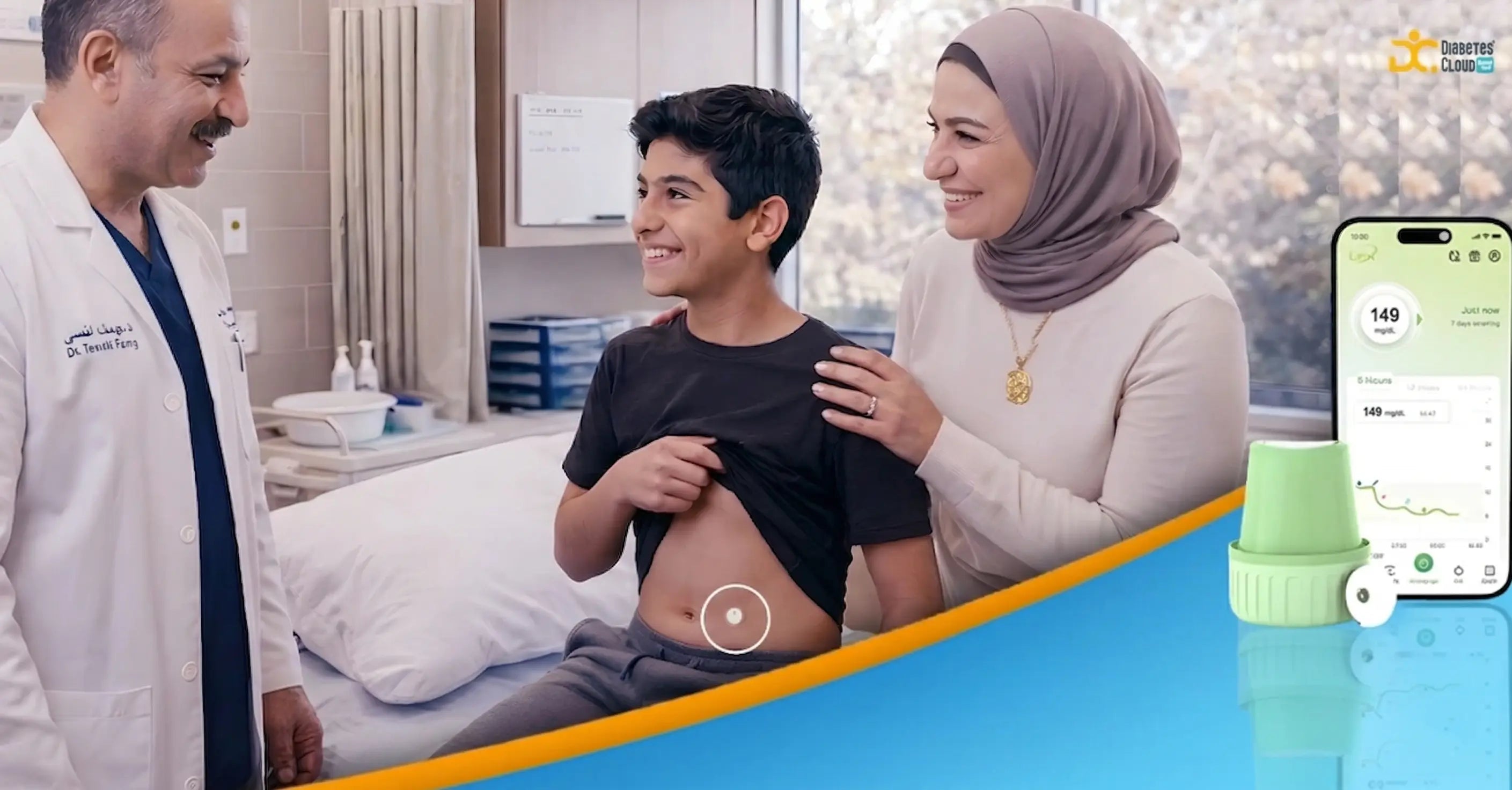 Smiling boy displays an abdominal continuous glucose monitor patch to his doctor and happy mother.