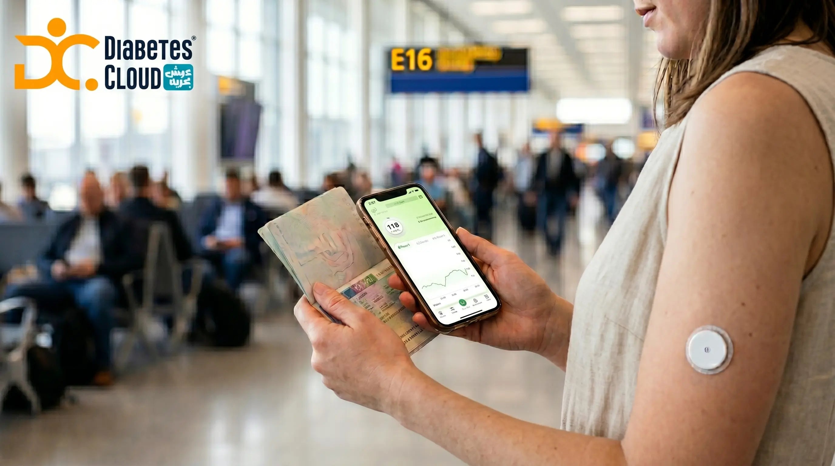 Woman wearing a light dress at the airport checks her linx cgm sensor from DIABETES CLOUD via a smartphone app.
