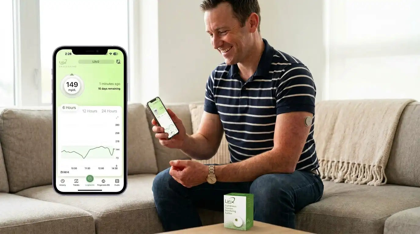a smily man wearing the linx cgm sensor on his arm and watching his glucose level on mobile app