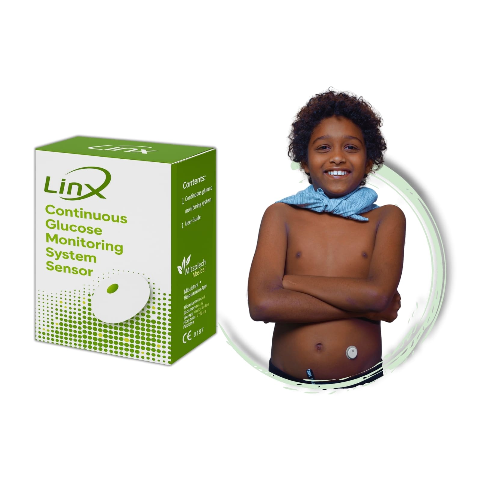 Linx Continuous Glucose Monitoring System Sensor packaging with a child wearing a sensor on their abdomen.