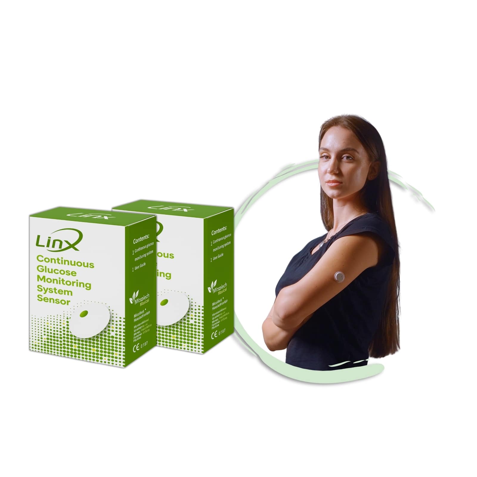 LinX continuous glucose monitoring system packaging with a person wearing the device on their arm.