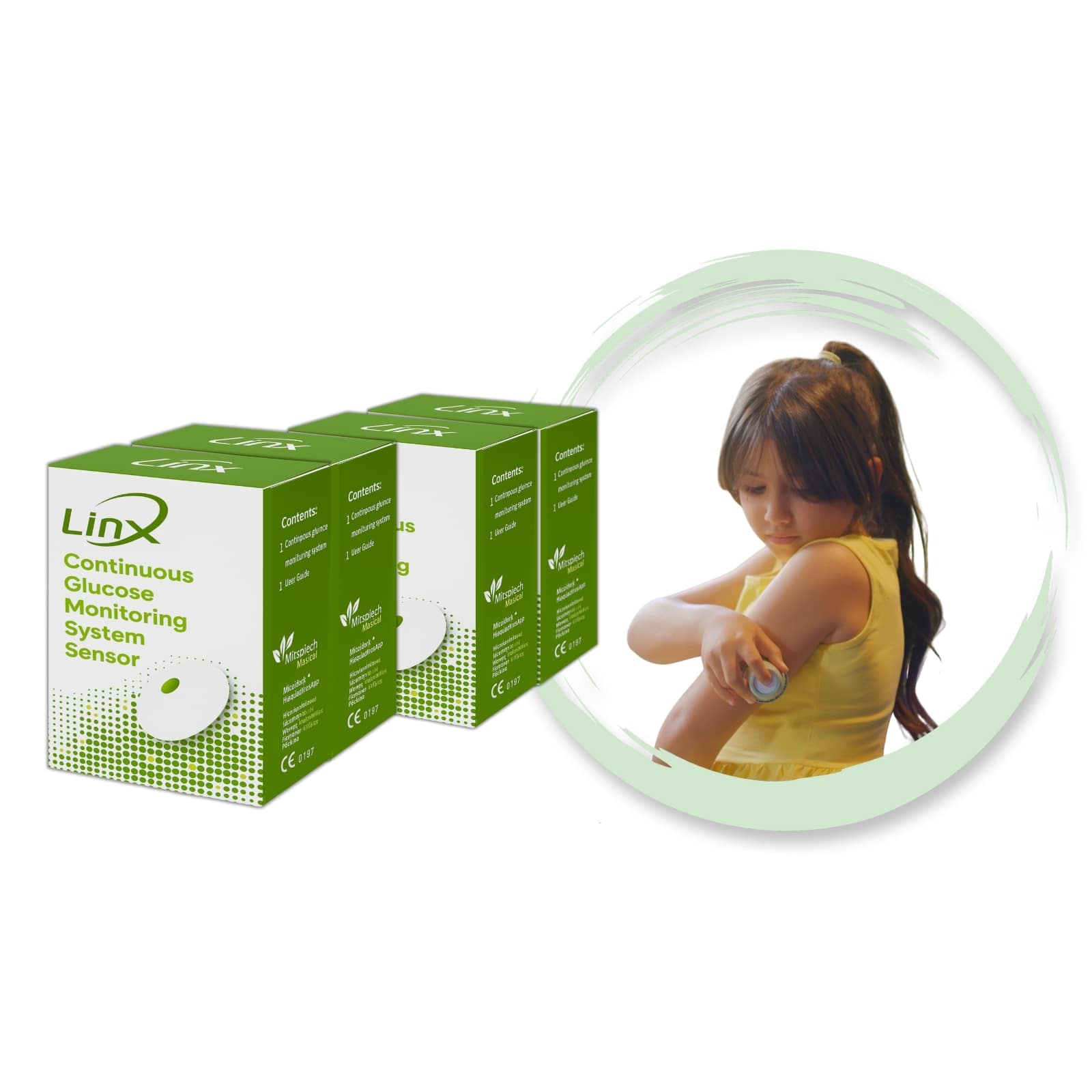 4 LINX continuous glucose monitoring system sensor packaging with a child wearing a sensor on their arm.
