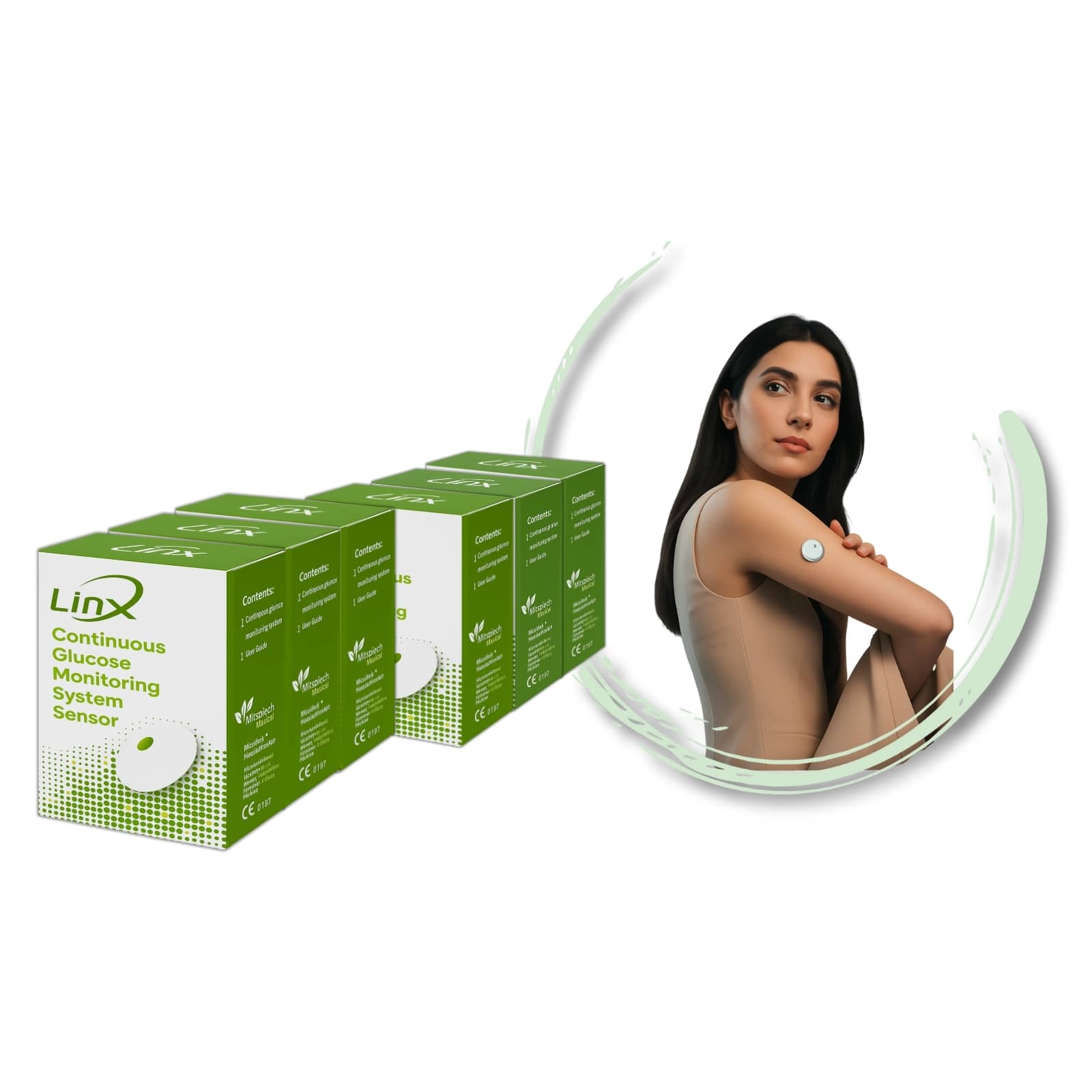 6 Linx continuous glucose monitoring system packaging with a woman wearing a sensor on her arm.